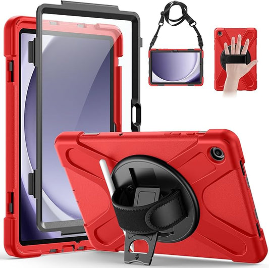 Gerutek Case for Samsung Galaxy Tab A9+/ A9 Plus Case 11" 2023, Full-Body Drop Protection Shockproof Cover with Screen Protector, 360° Rotating Stand, Hand/Shoulder Strap, Pencil Holder, Red