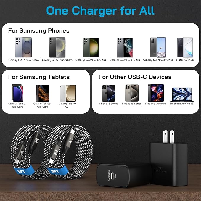 45W Super Fast Charger Type C, [2 Pack] 45 Watt USB-C Charger PD/PPS Wall Charging Block for Samsung Galaxy S25 Ultra/S25+/S25/S24/S23 Ultra/S23+/S22 Ultra/S22+/S20 Ultra, Tab S8(with 2X 8ft Cable)
