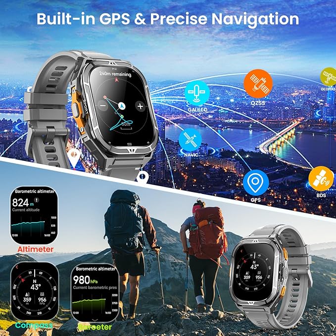 Smartwatch for Men GPS Sports Watch, 1.96" AMOLED Display, 5ATM Waterproof Metal Military Smart Watches, Fitness Activity Tracker with Compass Pedometer Sleep/Heart Rate Monitor for Android iOS Gray