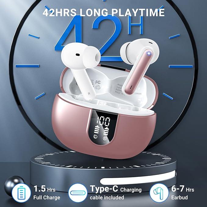 Wireless Earbuds, 2024 Wireless Headphones HiFi Stereo Earphones with 4 ENC Noise Canceling Mic, 42Hs Playtime In Ear Earbud, Bluetooth 5.3 Sport Earphones with LED Power Display for Android iOS Pink