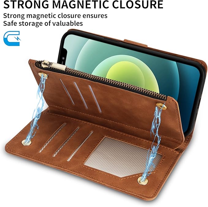 ZZXX for iPhone 12 Mini Wallet Case with Card Slot Premium Soft PU Leather Zipper Flip Folio Wallet with Wrist Strap Kickstand Protective for iPhone 12 Mini Case Wallet(Brown 5.4 inch)