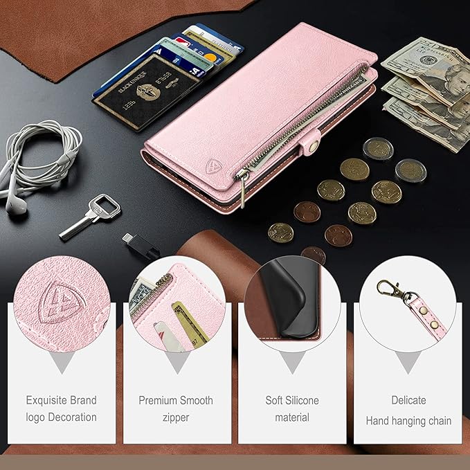 XcaseBar Compatible with Samsung Galaxy S25 Wallet case with Zipper Credit Card Holder【RFID Blocking】,Flip Folio Book PU Leather Phone case Shockproof Cover Women Men for Samsung S25 case Rose Gold