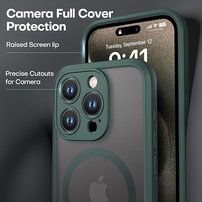 ImpactStrong Magnetic Guard Designed for iPhone 15 Pro Max Case [Camera Protection] [Military Grade Drop Tested] [Compatible with MagSafe] Slim Translucent Matte Phone Case (6.7") - Dark Green