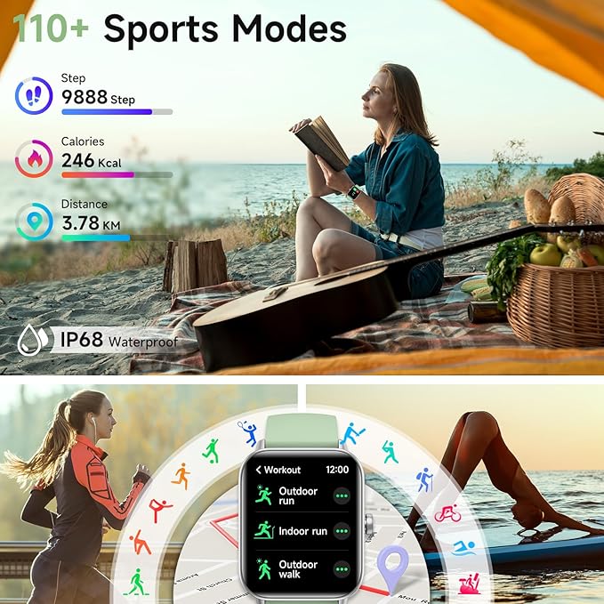 Smart Watches for Men Women Android & iPhone, Alexa Built-in, 1.85" Fitness Tracker with Answer/Make Calls, IP68 Waterproof Fitness Watch,Heart Rate, Sleep, SpO2 Monitor,Pedometer,Green