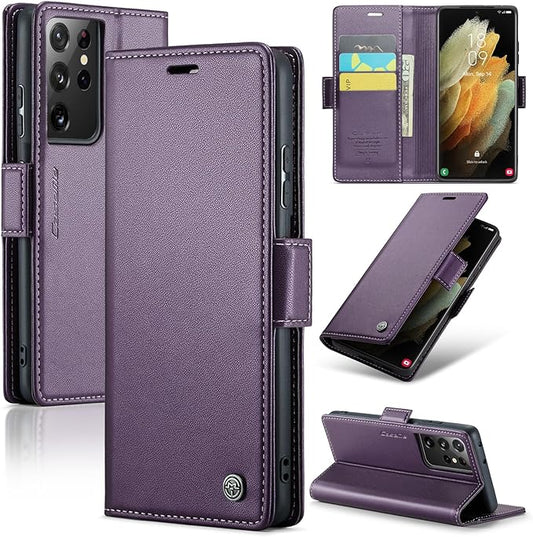 AUPAI for Samsung Galaxy S21 Ultra Wallet Case with Credit Card Holder, PU Leather RFID Blocking Folio Flip Kickstand Magnetic Clasp Protective Phone Cover for Women Men Purple