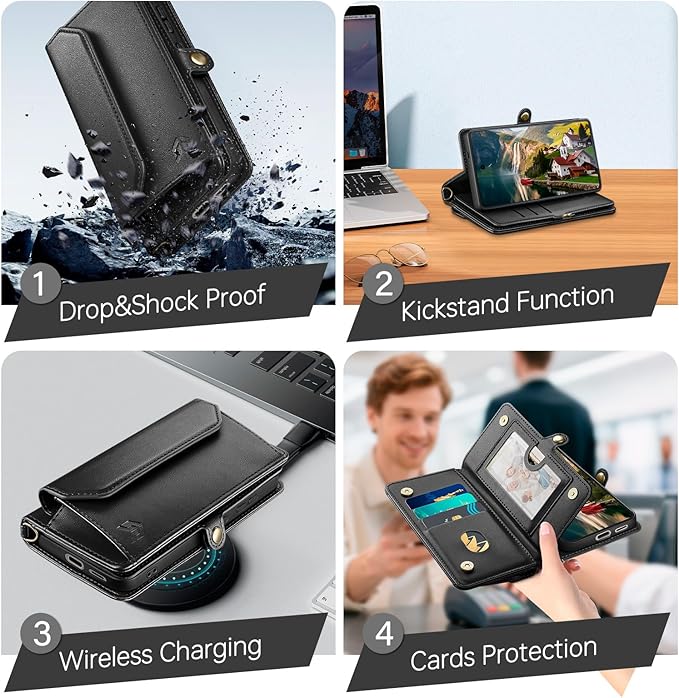 DJBull for Samsung Galaxy S25 Wallet Case with Card Holder, Shoulder and Wristlet Straps, Soft PU Leather, Magnetic Snap, Flip Phone Case for Women Men for Samsung S25 Black