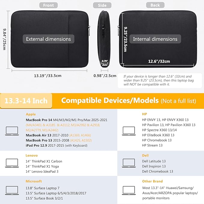 HYZUO 13.3-14 Inch Laptop Sleeve Bag Set for MacBook Pro 14 M4/M3/M2/M1, MacBook Air/Pro 13.3, 13.5"/13.8" Surface Book/Laptop, Notebook Case for 13.3" HP Dell Lenovo Asus Acer, Black