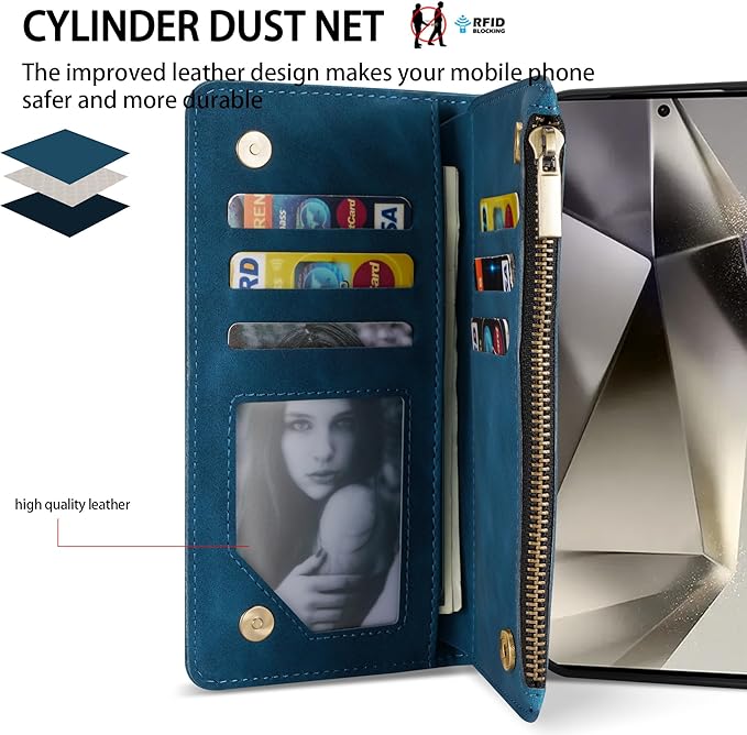 ZZXX for Samsung Galaxy S24 Ultra Wallet Case with RFID Blocking Card Slot PU Leather Zipper Flip Folio with Strap Kickstand Protective Cover for Samsung Galaxy S24 Ultra Case Wallet(Blue-6.8 inch)