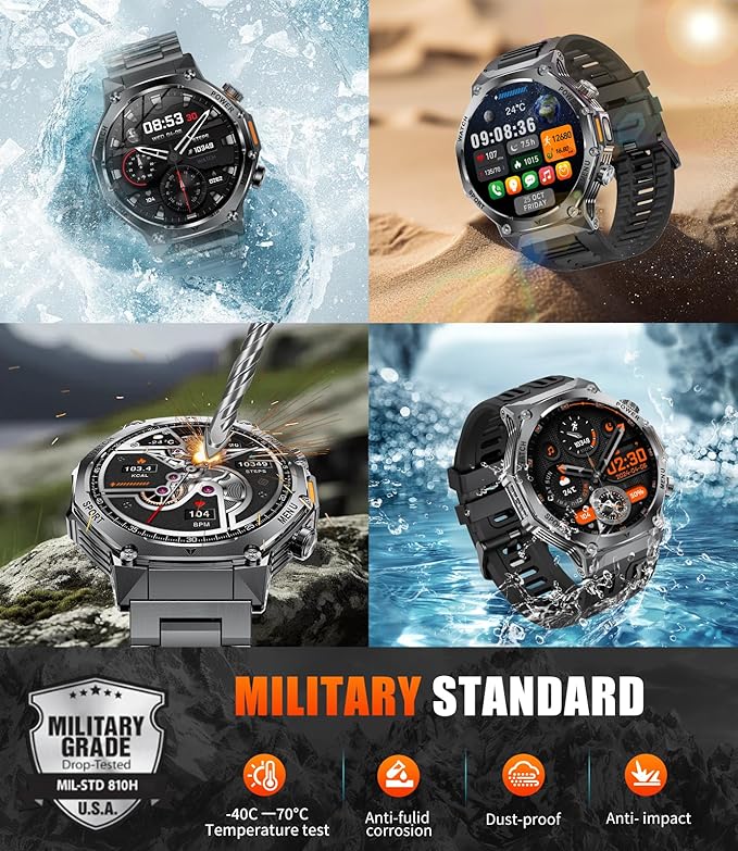 SUNKTA EF15 Military Smart Watch for Men - LED Flashlight, 1.75" HD Fitness Tracker Watch, 800mAh Long Battery Mens Smart Watches, 110+ Sport Mode/Pedometer/IP68 Waterproof Smartwatch for Android iOS