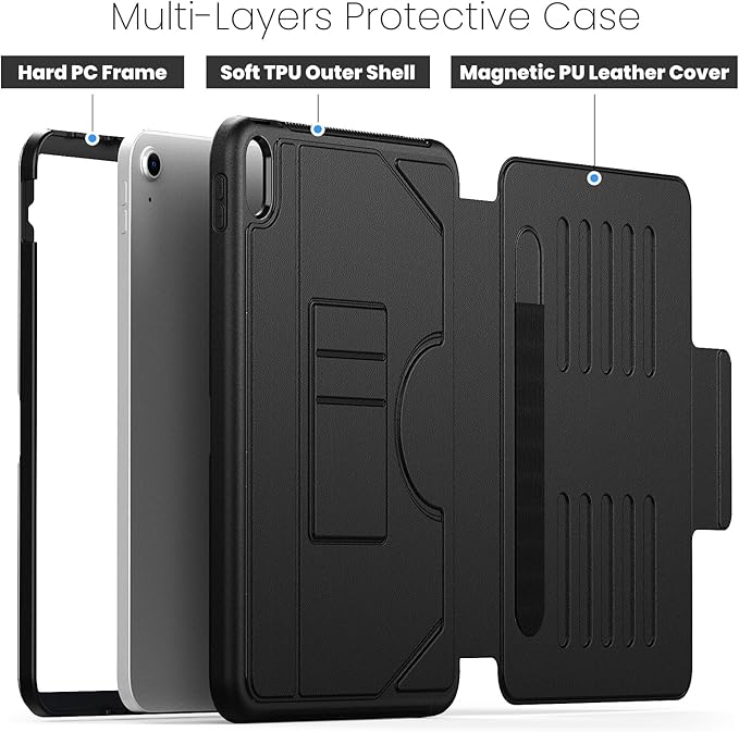 Magnetic A16 Case for iPad 10.9 Inch Case iPad 11th/10th Generation(A16) Slim with Strong Magnetic Pen Holder[Auto Sleep/Wake] Cover 11th/10th Gen Absorbing Pad Stand,Card Slot,Business Black