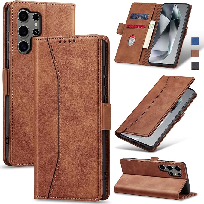 Jasonyu Flip Wallet Case for Samsung S24 Ultra 5G,Leather Magnetic Folio Cover with Card Holder,Kickstand - TPU Shockproof Durable Protective Phone Case,Brown
