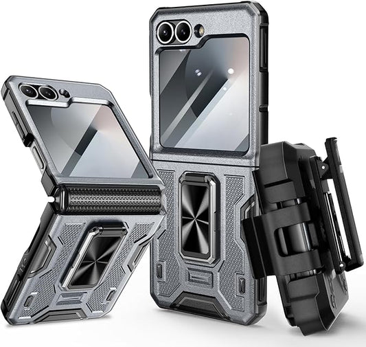 VEGO for Z Flip 6 Case, Samsung Galaxy Flip 6 Case with 360° Rotatable Ring Kickstand & Belt Clip Holster & 9H HD Tempered Glass Camera Screen Protector & Hinge Protection, Shockproof Case - Grey