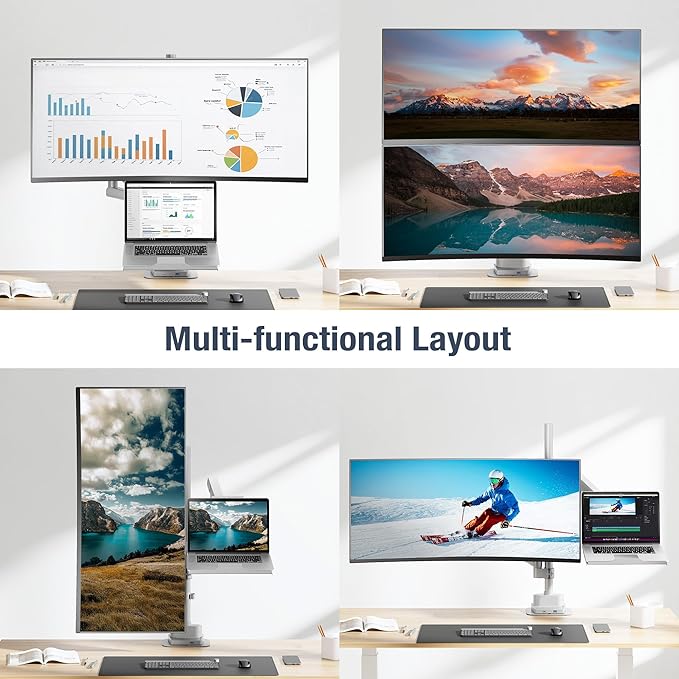 AVLT Laptop & 40 Inch Monitor Arm Pole Top Mount with USB-C USB-A Ports-Gray, VESA Compatible, Supports 26.4 lbs (12 kg), Ultrawide Screen Fit, Adjustable Height, Tilt Swivel Rotate, Cable Management