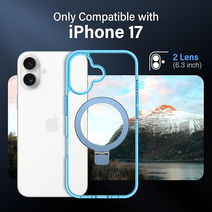 Magnetic Case for iPhone 17 - [Built-in Invisible Stand] [Compatible with MagSafe] [Military Grade Drop Protection] Anti-Yellowing Hard Back Silicone Edge Cover, 6.3", Clear Blue
