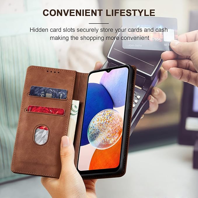 Jasonyu Flip Wallet Case for Samsung Galaxy A14 5G/4G,Leather Magnetic Folio Cover with Card Holder,Kickstand - TPU Shockproof Durable Protective Phone Case,Brown