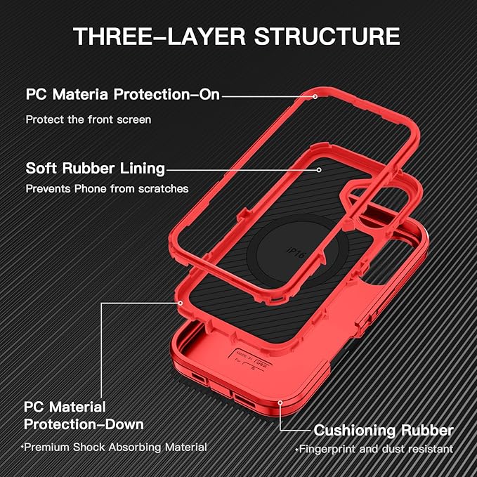 for iPhone 16 Case [Compatible with MagSafe] Shockproof 3-Layer Full Body Protection [Without Screen Protector] Rugged Heavy Duty Cover Case for Apple iPhone 16 6.1",Red