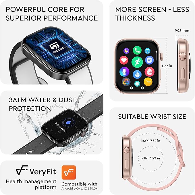 OCTANDRA Beyond VeryFit Smart Watch for Men Women 1.99" AMOLED Screen AI Voice 3ATM Fitness Tracker Watch Heart Rate/Blood Pressure/Oxygen Saturation/Stress/Step/Sleep Monitor (GTX12) (Pink)