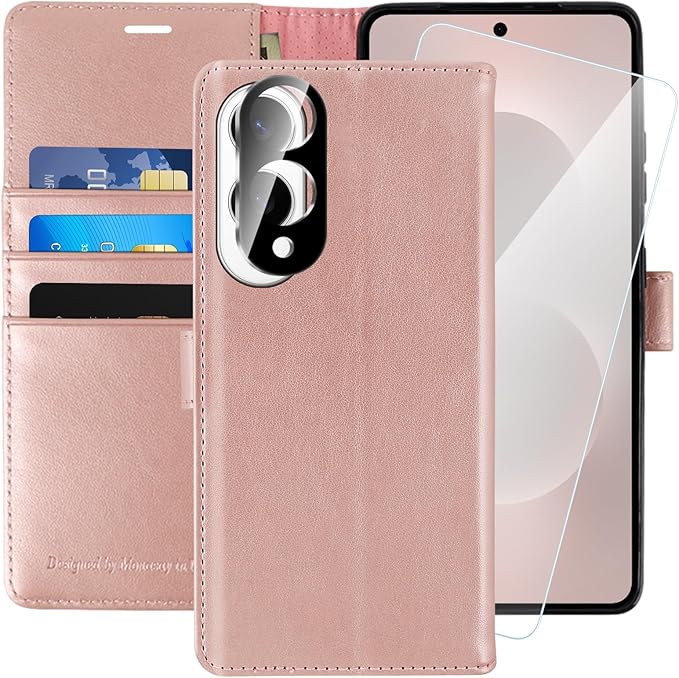 MONASAY Wallet Case Fit for Samsung Galaxy S25 Edge 5G，[Lens & Glass Screen Protector] [RFID Blocking] Flip Folio Leather Cell Phone Cover with Credit Card Holder, 6.7 inch, Rosegold