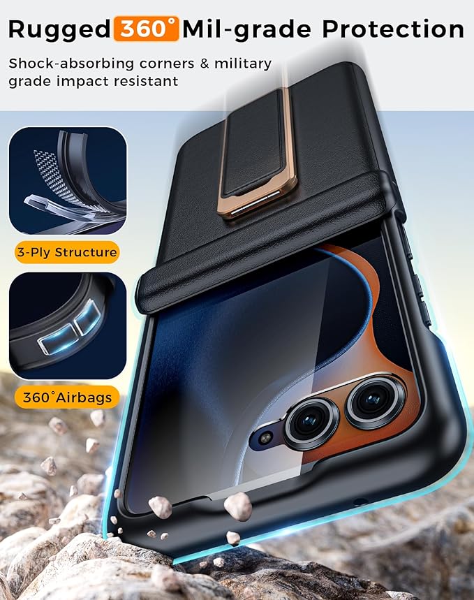 for Motorola Razr 2025 Case/Razr 2024 Case, Built-in Screen Protector & Hinge Protection & 360° Spin Stand & Hand Strap, Slim Genuine Leather Shockproof Phone Case for Razr 2025/2024(Black)