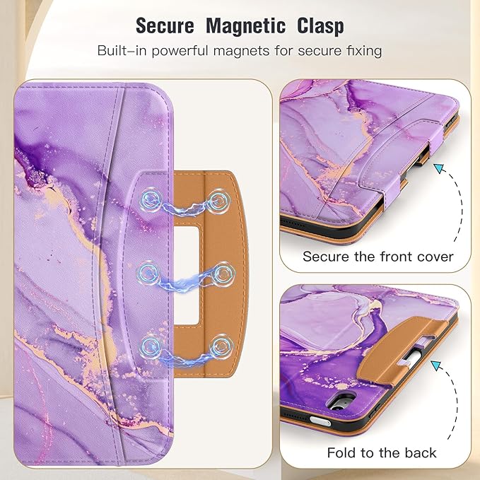 MoKo for iPad (A16) 11th Generation Case 11 inch 2025, iPad 10th Generation Case 10.9" 2022 with Pencil Holder & Pocket, Premium Leather Folio Stand Cover, Multiple Viewing Angles, Purple Gold Marble