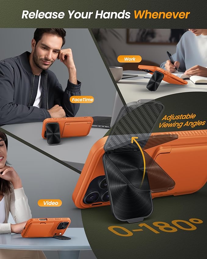 for iPhone 17 Pro Case with Credit Card Holder, Built-in Camera Cover & Stand, Silicone Bumper Raised Edge Multifunctional Full Body Protective Phone Cover Case for iPhone 17 Pro 2025, Orange