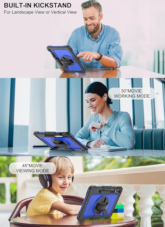 Case for Samsung Galaxy Tab S10 Plus/ S9 FE Plus/ S9 Plus 5G Case 12.4" with Tempered Glass Screen Protector, Rotatable Kickstand/Hand & Shoulder Strap/S Pen Holder (Blue)