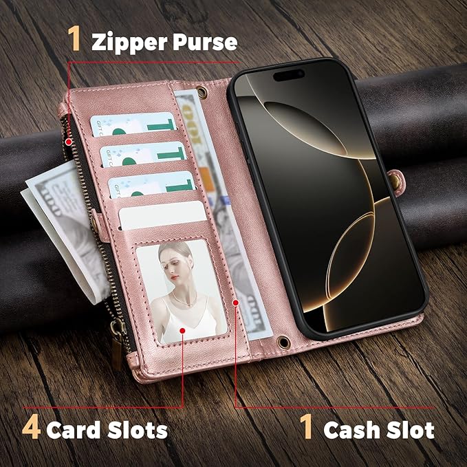 for iPhone 13 Pro Max Wallet Phone Case with 8 Card Holder,RFID Blocking | PU Leather | Kickstand | Flip | Wrist Strap&Shoulder Strap | Shockproof | Zipper Wallet | Women Men | 6.7" | Rose Gold