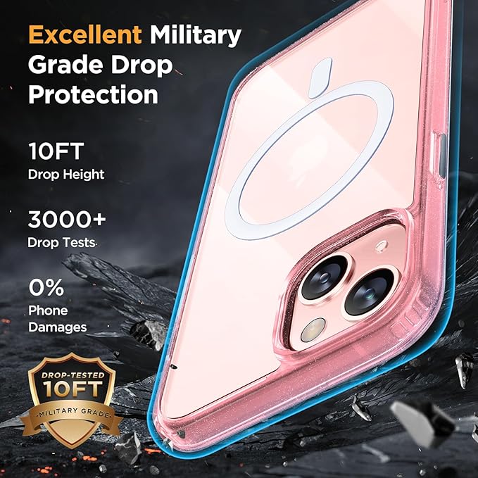 Miracase Magnetic for iPhone 13 Case 6.1 inch (Compatible with MagSafe)（with 2X Screen Protectors） Military-Grade Protection, Anti-Fingerprint Translucent Matte Phone Case Cover, Glitter Pink