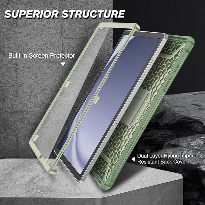 Fintie Shockproof Case for Samsung Galaxy Tab A9 Plus/A9+ 5G 11 Inch 2023 Model (SM-X210/X216/X218), Tuatara Rugged Unibody Hybrid Bumper Kickstand Cover Built-in Screen Protector, Sage Green