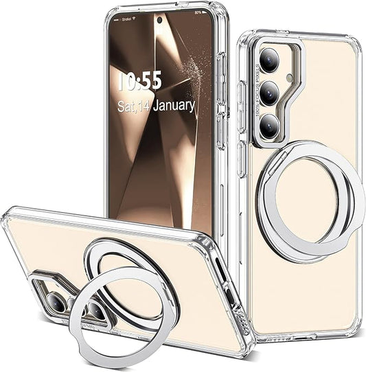 Compatible with Samsung Galaxy S24 Plus Case with 360Rotatable Magnetic Ring Stand Compatible with Mag-Safe Military Protection Shockproof Transparent Phone Case for Galaxy S24+,Clear