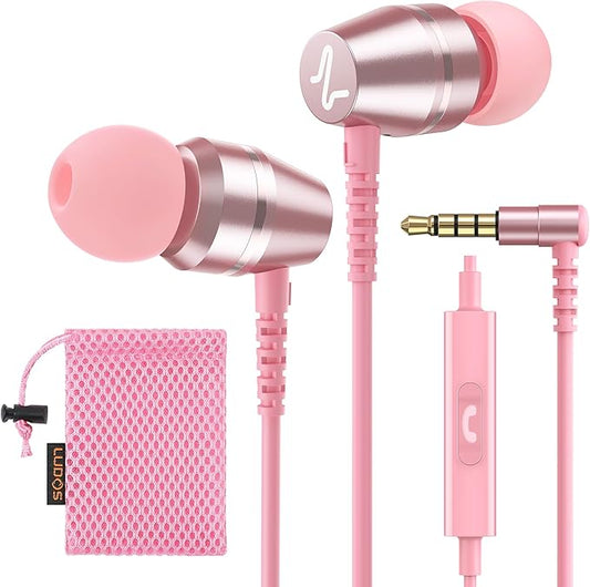 LUDOS OMNITONE Wired Earbuds in-Ear Headphones, 5 Years Warranty, Earphones with Microphone, 3.5 mm Jack Corded Ear Buds, Videoconference for iPhone, Samsung, Laptop, Kids, School Students - Pink