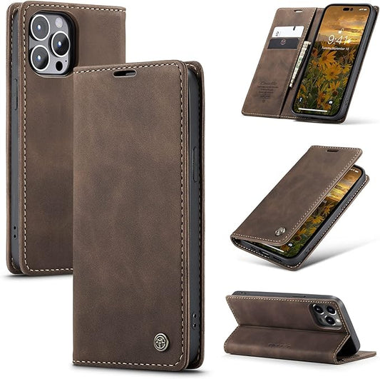 for iPhone 14 Pro Case, Flip Wallet Leather Case with Card Holder Magnetic Closure Shockproof Kickstand Protective Phone Cases Cover for iPhone 14 Pro, Coffee