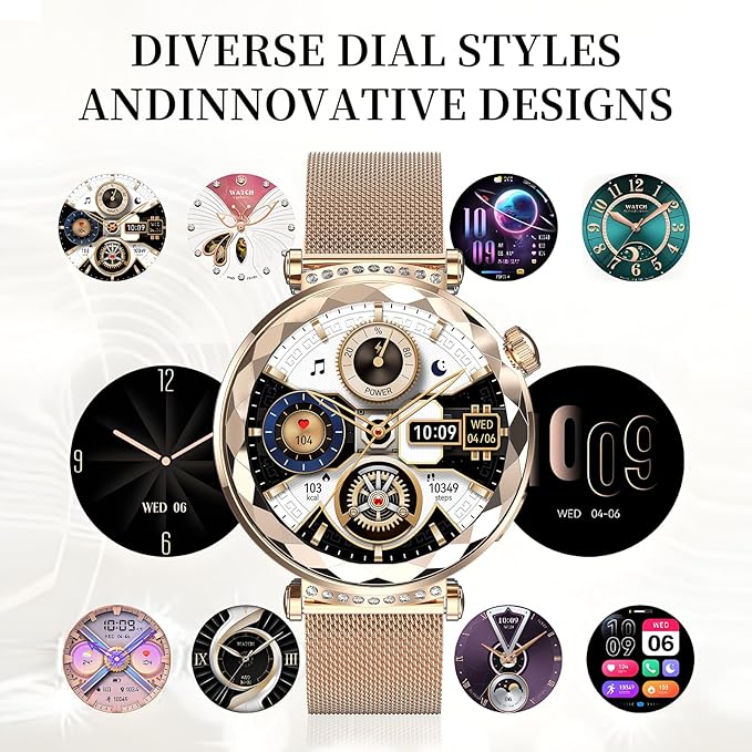 Smart Watch for Women, Fitness Tracker for Android/iOS, 1.19" AMOLED Screen Smartwatches with Female Cycle, Heart Rate, Sleep Monitor, Activity Tracking (2 Watch Bands) (Gold)