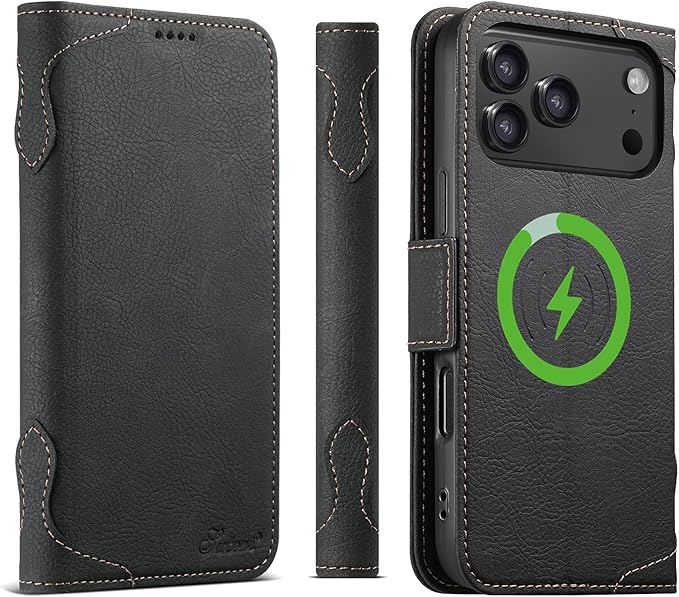 Leather Magnetic Wallet Case for iPhone 17 Pro Compatible with MagSafe & Wireless Charging, 3 Card Slots & ID Holder, Kickstand, 360° Military Shockproof Protection for Phone pro Premium Black