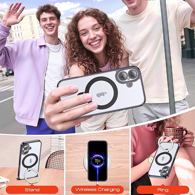 Compatible with Clear iPhone 15 Pro Max Case with Magnetic Stand [Compatible with Mag-Safe][Full Camera Len Protectors] Shockproof Plating Phone Case for iPhone 15 Pro Max 6.7’’,Black