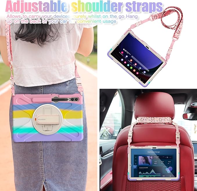 BRAECNstock Kids Case for Samsung Galaxy Tab S10+ Plus/ S9 FE+ Plus/ S9+ Plus/ S8+ Plus/ S7 FE/ S7+ Plus 5G 12.4" Shockproof Protective Cover with Pen Holder Rotating Stand&Hand Strap - Colorful Pink