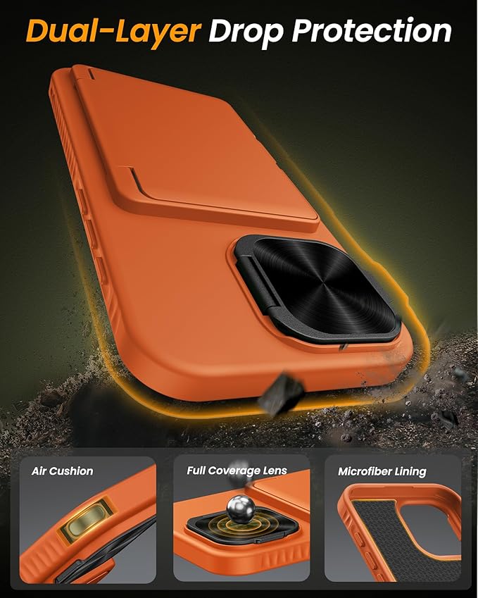 for iPhone 17 Case with Credit Card Holder, Built-in Camera Cover & Stand, Silicone Bumper Raised Edge Multifunctional Full Body Protective Phone Cover Case for iPhone 17 2025, Orange