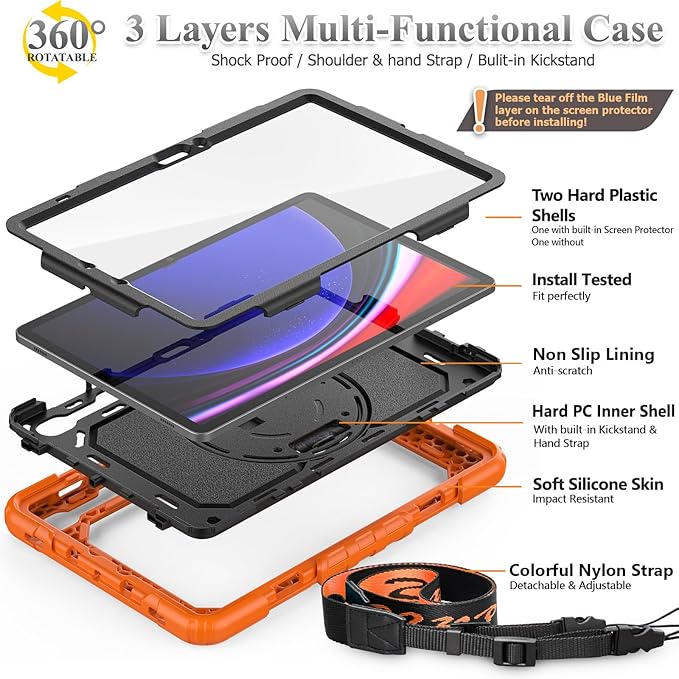 SEYMAC stock Case for Samsung Galaxy Tab S10 Lite / S10 FE / S9 FE 5G / S9 Tablet Case 10.9''/ 11'' Protective with Screen Protector, Pen Holder, 360 Rotate Stand, Hand Strap, Shoulder Strap, Orange