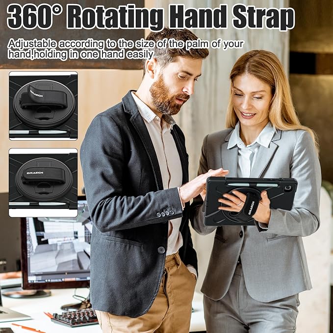 BRAECNstock for Samsung Galaxy Tab S6 Lite Case 10.4 Inch 2024/2022/2020 (SM-P620/P610/P619) Shockproof Rugged Protective Tab S6 Lite Kids Case with Pencil Holder, Rotating Stand & Hand Strap - Black