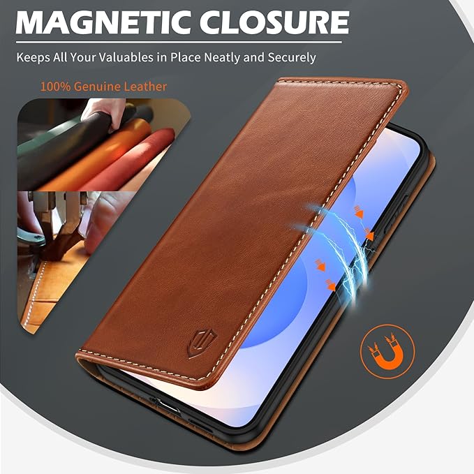 SHIELDON Wallet Case for Galaxy S25 FE 2025 5G, Genuine Leather RFID Blocking Credit Card Holder Kickstand Magnetic Folio Full Protection Cover Compatible with Galaxy S25 FE 6.7" - Retro Brown