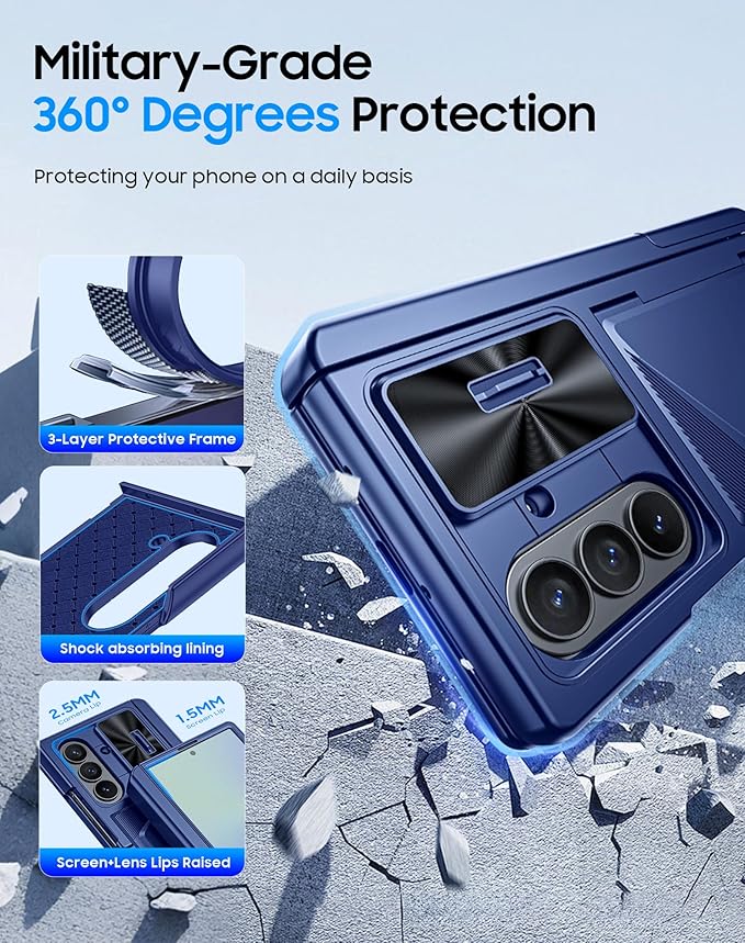 for Samsung Galaxy Z Fold 7 Case with Card Holder RFID Blocking, Built in Slide Lens Cover & Hinge Protection & Kickstand & Screen Protector, Shockproof Wallet Case for Z Fold 7 (Sapphire Blue)