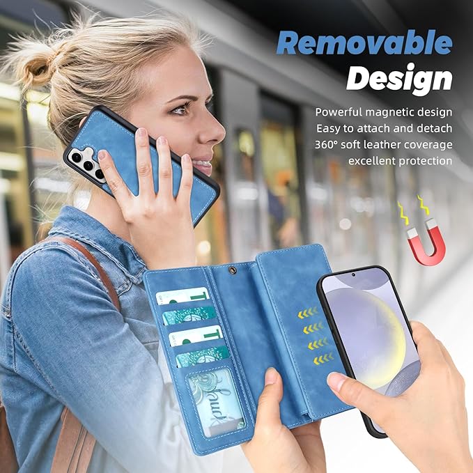 TwoHead for Samsung Galaxy S24 Plus Wallet Case with Card Holder,Detachable Magnetic Phone Case for Galaxy S24 Plus,PU Leather All-Round Protective Phone Cover Wallet with Strap(6.6 in,Sky Blue)