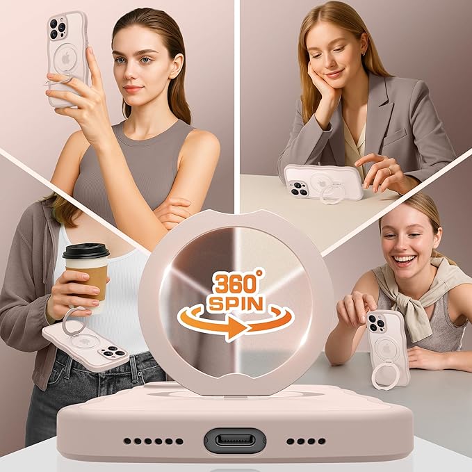 for iPhone 15 Pro Max Case,[Compatible with Magsafe][360°Magnetic Stand][Cute Wave Edge][18ft Military-Grade Protection] Translucent Matte Women Phone Cover for iPhone 15 Promax, Rose Gold