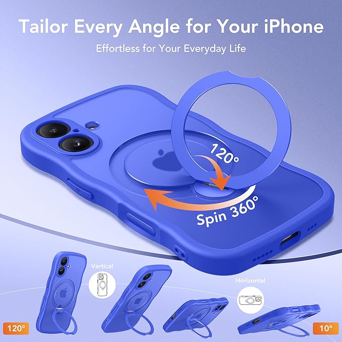 for iPhone 16 Plus Case,[Compatible with Magsafe][360° Spin Magnetic Stand][Military-Grade Protection][Camera Control][Cute Wave Edge]Translucent Matte Women Phone Cover for 16 Plus, Ultramarine