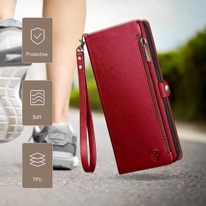 XcaseBar Compatible with Samsung Galaxy S25 Wallet case with Zipper Credit Card Holder【RFID Blocking】,Flip Folio Book PU Leather Phone case Shockproof Cover Women Men for Samsung S25 case Red