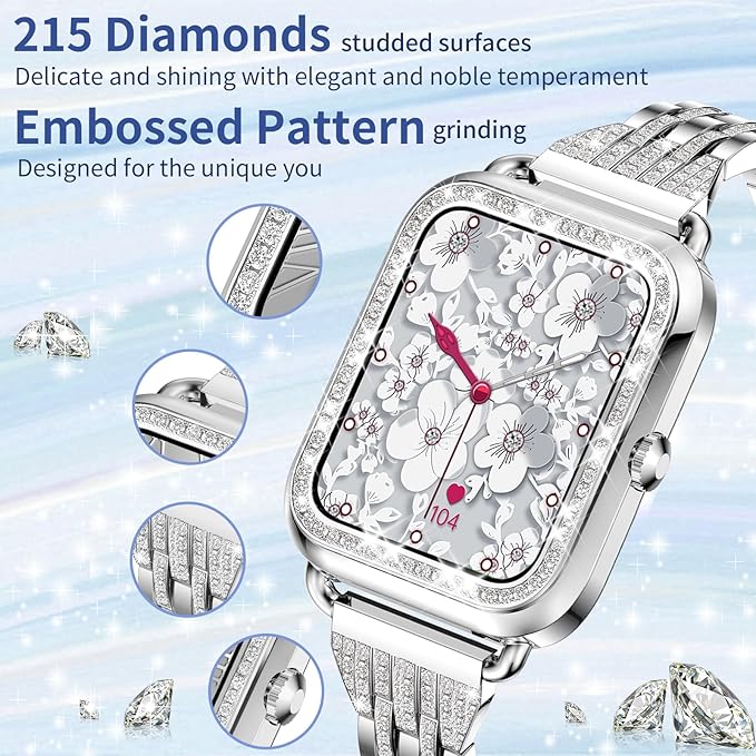 Smart Watch for Women Diamonds(Answer/Make Call),1.29''HD Touch Screen Smart Watch Android,Fitness Tracker with Heart Rate/Blood Oxygen/Sleep Monitor,Waterproof Smartwatch 3 Strap (Diamond Silver)