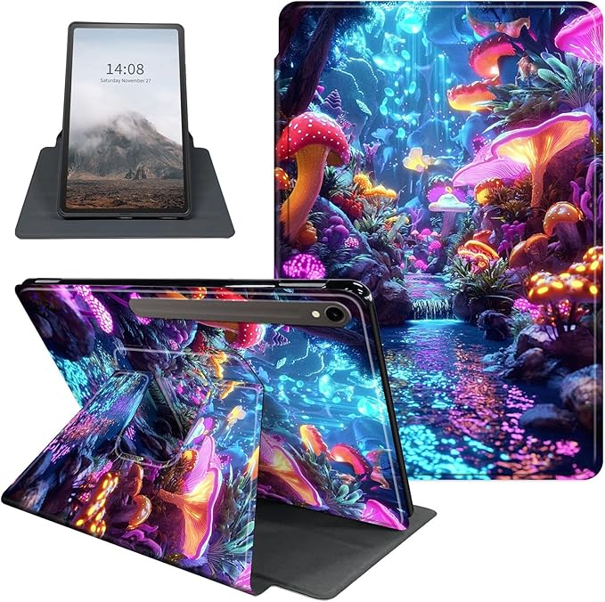 Case for Samsung Galaxy Tab S10 FE / S9 FE 5G 10.9 inch & Tab S9 11 inch, PU Leather 360° Rotating Stand Cover, Auto Sleep/Wake, Folio Smart Protective Cover, Glowing Mushroom