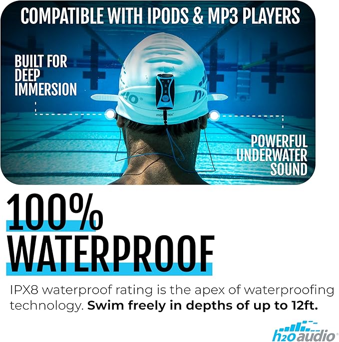 H2O Audio Surge S+ Waterproof Sport Headphones, (Short Cord Design) – In-Ear Sweatproof, Noise Cancelling Earbuds for Swimming, Running, Cycling – IPX8 Waterproof, Compatible with iPods & MP3 Players