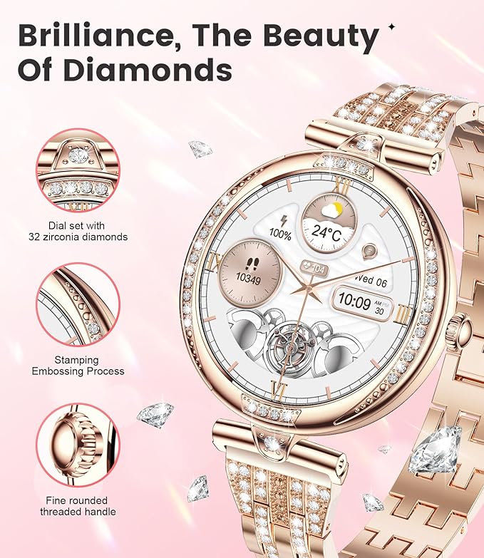 LIGE Smart Watches for Women (Answer/Make Call) with Diamonds，1.19” AMOLED Smartwatch with Heart Rate/SpO2/Sleep Monitor,IP68 Waterproof Fitness Tracker 111 Sport Modes Pedometer for Android iOS,Gold
