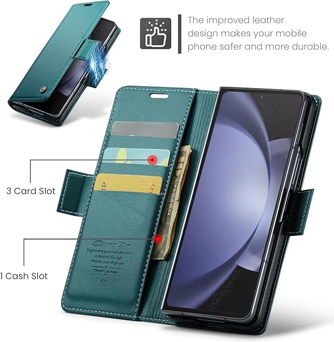 for Samsung Galaxy Z Fold 5 Case, Premium PU Leather Wallet Case Flip Cover with [RFID Blocking][Card Holder][Stand Function] Shockproof Protective for Samsung Galaxy Z Fold 5, Blue-Green